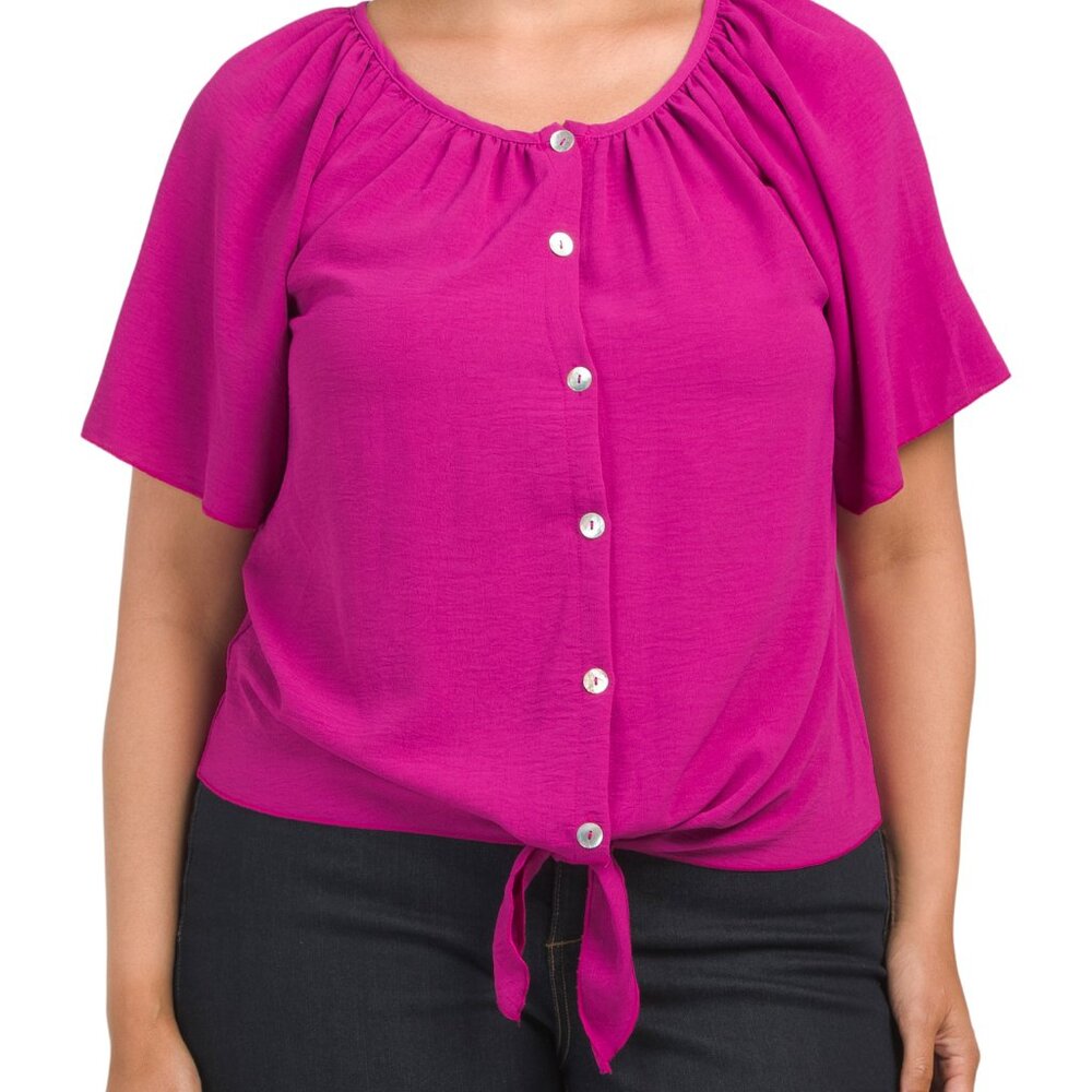 Kim & Cami | Tie Button Front Short Flutter Sleeve Blouse Top Magenta Boho Flowy